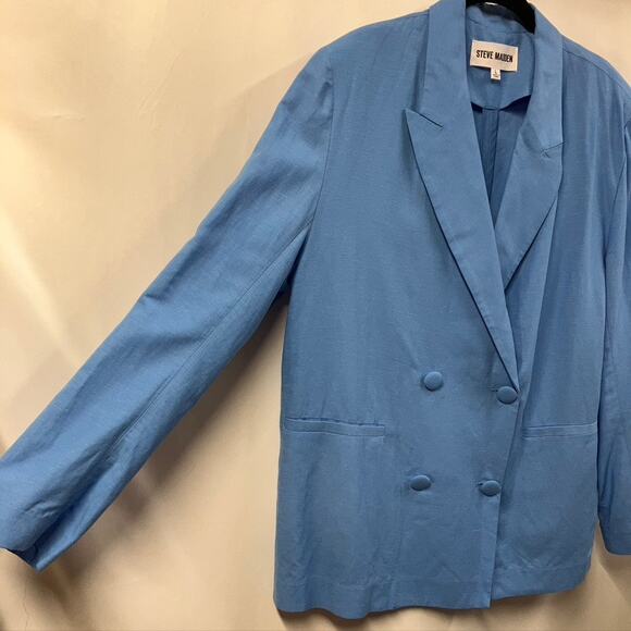 Steve Madden Women's Baldwin Blazer L Blue Rayon Linen Spring 90's Boxy Relaxed - Picture 4 of 16